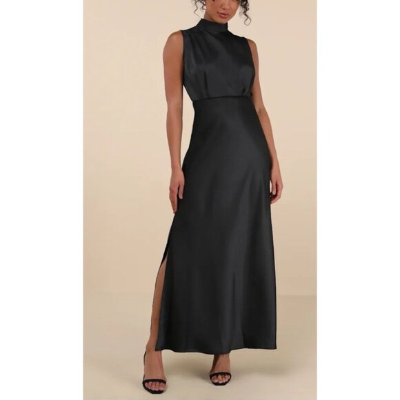Lulus Maxi Long Dress Large Black Satin Mock Neck A Line Sleeveless NEW - Picture 3 of 12